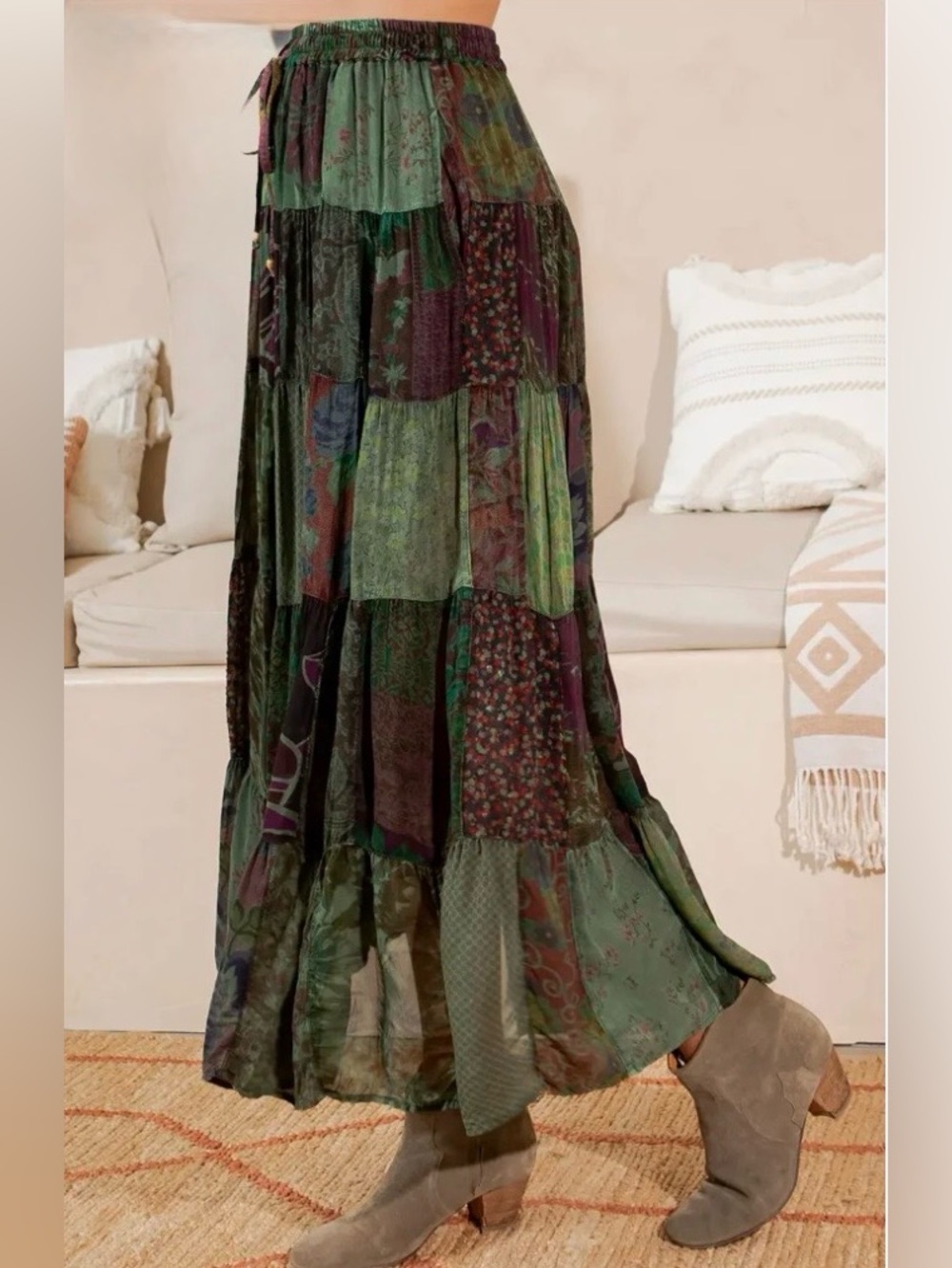 New: Young Threads “Basil” Mixed Patchwork Tiered Flowing Maxi Skirt• Medium - Picture 5 of 6